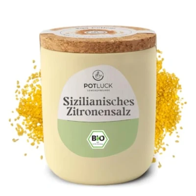 Abbildung von POTLUCK Bio Sizilianisches Zitronensalz Gewürzsalz für Fisch, Meeresfrüchte, Gemüse, Salate und Dressings 140g im Keramiktopf