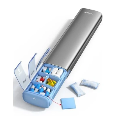 Abbildung von VAYDEER Tablettenbox 7 Tage Pillendose [Trockensicher] [Metall Reise Pillendose] [Große Kapazität] [Tablettenbox 2 mal täglich] Pillenbox Tabletten Organizer klein Medikamentenbox (Grau)
