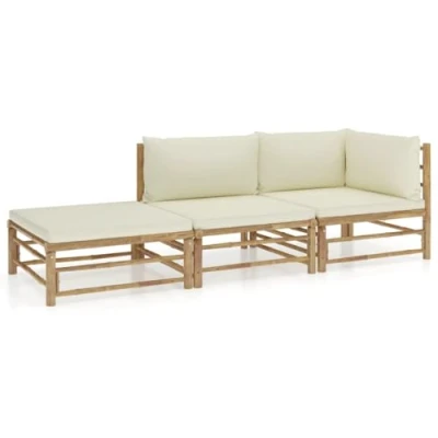 Abbildung von vidaXL Gartenmöbel 3 TLG. mit Cremeweißen Kissen Garten Garnitur Sitzgruppe Sofa Lounge Gartensofa Sitzgarnitur Gartenset Ecksofa Mittelsofa Fußhocker Bambus