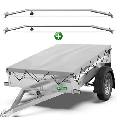 Abbildung von Tarpofix® Anhänger Plane 217 x 117 cm + 2x Planenbügel Anhängerplane Flachplane aus PVC PLANENMATERIAL Verstärkte Unsinn für 750kg PKW Hänger Abdeckplane Flachplanenbügel Grau