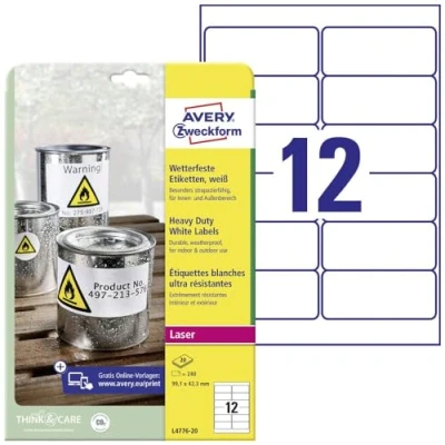 Abbildung von AVERY Zweckform L4776 20 Wetterfeste Folienetiketten (240 Klebeetiketten, 99,1x42,3mm auf A4, extrem stark selbstklebend, wasserfest, strapazierfähig, bedruckbare Outdoor Klebefolie) Blatt, weiß
