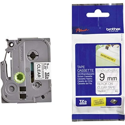 Abbildung von Brother TZe S121 P touch Schriftband (extra stark klebend, 9 mm breit und 8 m lang, laminiert, u.a. für PT H105, E100/VP, D200/BW/VP, D210/VP) schwarz auf transparent