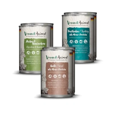 Abbildung von Venandi Animal Premium Nassfutter für Katzen, Probierpaket II, Huhn + Kaninchen, Kalb, Truthahn, 6 x 400 g, getreidefrei und naturbelassen, 2.4 kg