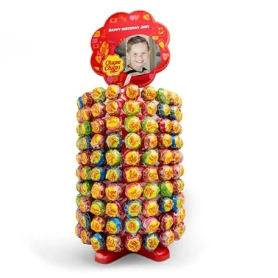 Abbildung von Chupa Chups Ständer personalisiert mit Foto 200 Lutscher in secht Geschmacksrichtungen Lutscherrad Lollies (Ständer Lutschern)