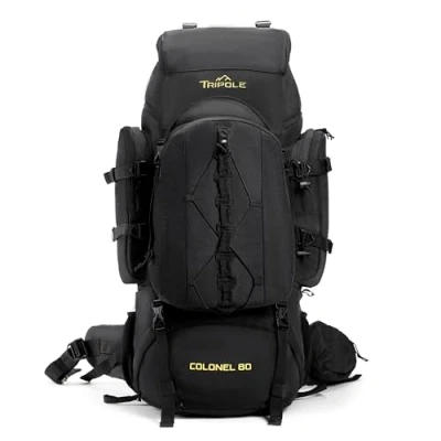 Abbildung von Tripole Rucksack Colonel 80 Liter mit abnehmbarem Wandern, Trekking, Reisen, Camping, Wasserdicht, atmungsaktivem Rückenpaneel, Schwarz