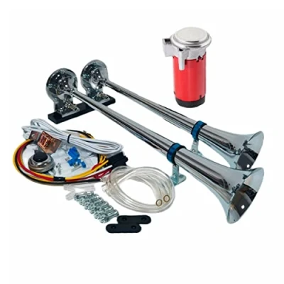 Abbildung von YIYIDA Autohupe LKW Hupe Air Horn 175db Lautsprecher Schiffshupe Zink Chrom Silber Elektrische 12V Hoher Ton und niedriger Doppelrohr roter Luftpumpe Car für Auto Yacht Boot usw