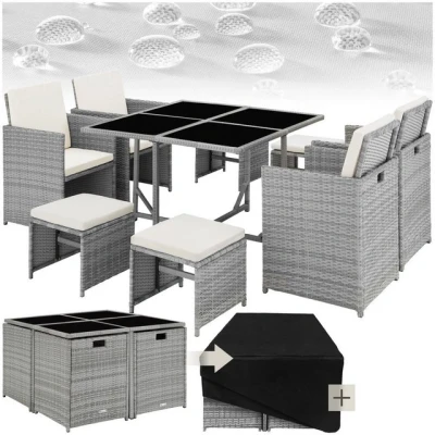 Abbildung von tectake Lounge Möbel Set aus 4X Stühle, 1x Tisch, Hocker, wetterfest und platzsparende Cube Aufbewahrung inkl. Schutzhülle, Outdoor Rattan Gartenmöbel für Balkon, Garten Terrasse hellgrau