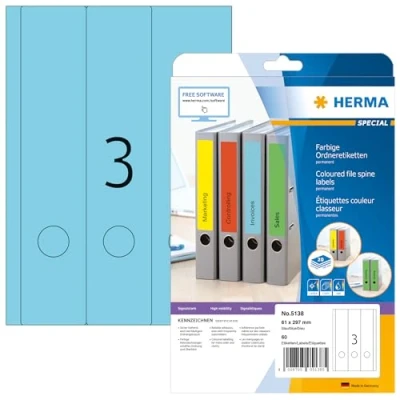 Abbildung von HERMA 5138 Ordnerrücken Etiketten lang breit, 20 Blatt, 61 x 297 mm, 3 pro A4 Bogen, 60 Stück, selbstklebend, bedruckbar, blickdicht, blanko Papier Ordneretiketten Rückenschilder Aufkleber, blau