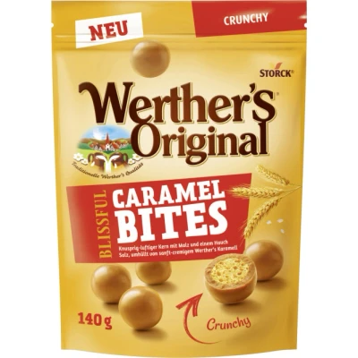 Abbildung von Werther’s Original Blissful Caramel Bites Crunchy Knusprig luftige Kugeln mit Malz umhüllt von sanft cremigem Karamell 1 x 140g