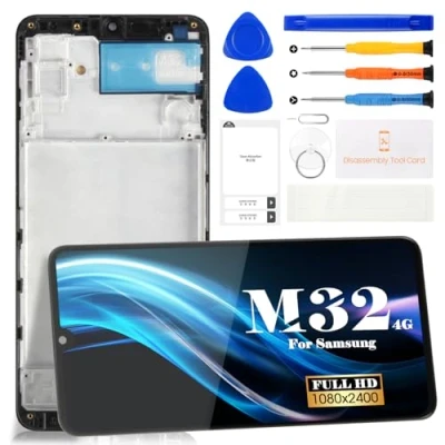 Abbildung von SRJTEK für Samsung Galaxy M32 4G Bildschirm Ersatz LCD Display Touchscreen SM M325F Digitizer Montage Reparatursets (mit Rahmen, schwarz)