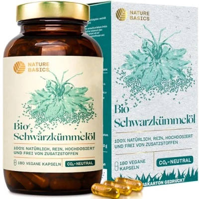 Abbildung von Bio Schwarzkümmelöl 180 Kapseln hochdosiert / 500 mg hochwertiges &amp; 250 Linolsäure je Kapsel/Vegan, Zertifiziert Nachhaltig im Glas