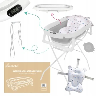 Abbildung von Primabobo Faltbar Babybadewanne, Große Babywanne faltbar, Kinderbadewanne mit Badesitz, für Babys von 0 36 Monaten (Premium Grau (Gestell, Badekissen, Thermometer), Faltbare Babybadewanne Gestell)