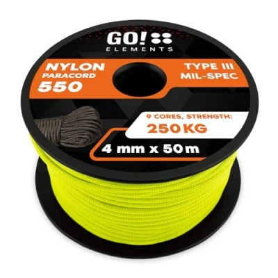 Abbildung von GO!elements 50m Paracord Seil aus reißfester Nylonschnur 4mm 550 Typ III Schnur geeignet als Allzweckseil &amp; Reepschnur Max. 250kg, Farbe: Neon