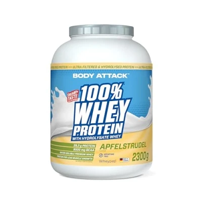 Abbildung von Body Attack 100% Whey Protein Apfelstrudel 2,3 kg Made in Germany Extra cremiges Eiweißpulver mit Hydrolysat &amp; BCAA&#039;s, unterstützt Muskelaufbau und Diäten Für Sportler Athleten