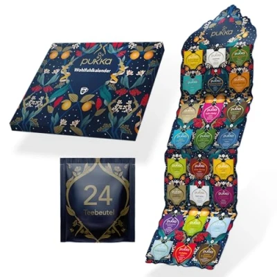 Abbildung von Pukka Wohlfühlkalender 2023 &quot;Blau&quot; Bio Kräutertee Umweltfreundlich Keine Schokolade Milchfrei 24 Teebeutel 21 Tee Varianten