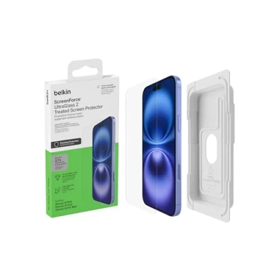 Abbildung von Belkin ScreenForce UltraGlass 2 antimikrobielle iPhone 15 Plus, Display Schutzfolie, kratzfest, dünnes Glas, in Tests bestätigter Härtegrad 9H für Plus/14 Pro Max, blasenfreien Anbringung