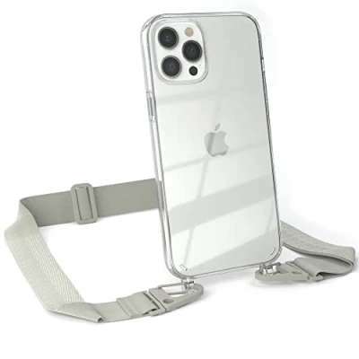 Abbildung von EAZY CASE Hülle mit Band kompatibel iPhone 12 Pro Max Handyhülle Umhängeband für Silikonhülle Transparent Schutzhülle Handykette zum Umhängen Handykordel in Taupe Grau