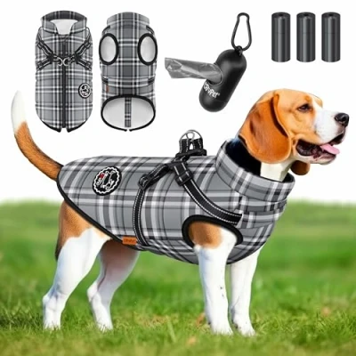 Abbildung von Lovpet® Hundejacke Hundemantel Mit Geschirr, inkl. 45 Stück Kotbeutel + Spender, Hunde Winterweste gefüttert wasserdicht, Gepolsterte Weste Brustgurt, Reflektoren, D Ring 3XL, Grau