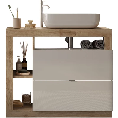 Abbildung von welltime Waschtisch &quot;Hamburg&quot;, 2 Schubkästen, Breite 92 cm, Soft Close, inkl. Keramik Aufsatzbecken