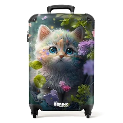 Abbildung von NoBoringSuitcases.com© Kinderkoffer Kätzchen Blumen Wald Illustration Katze 55x35x20cm, 4 Rollen, Reisetasche mit Koffer Handgepäck Flugzeug