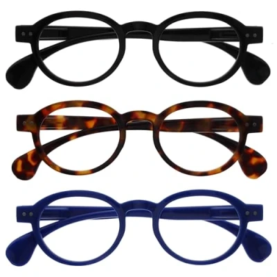 Abbildung von OPULIZE OCA Lesebrille 3er Pack Moderne Runde Retro Fassung Schwarz Braun Blau Herren Damen Federscharniere RRR54 123 +1.50