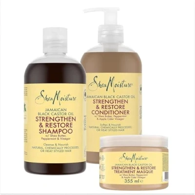 Abbildung von SheaMoisture Jamaican Black Castor Oil Haarpflege Bundle Shampoo 1x 384ml, Spülung Treatment Maske 355ml für natürliches, chemisch behandeltes oder hitzegestyltes Haar 3 Stück