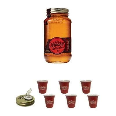 Abbildung von Ole Smoky Moonshine Cinnamon 40% im 0,5 Liter Glas + Ausgiesser Shot Becher rot 2 Stück