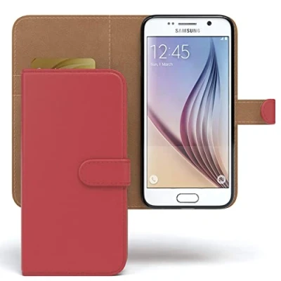 Abbildung von EAZY CASE Tasche kompatibel mit Samsung Galaxy S6 Schutzhülle Standfunktion Klapphülle Bookstyle, Handytasche Handyhülle Magnetverschluss und Kartenfach, Kunstleder, Rot