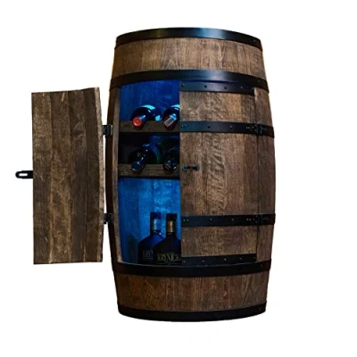 Abbildung von CREATIVE COOPER Weinregal Holz mit Tür LED RGB Weinliegen Alkoholschrank Flaschenregal Holzfass Fassmöbel Weinfass Weinbar Fass bar 80 cm Wenge