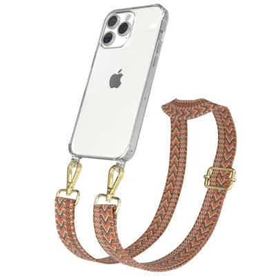 Abbildung von EAZY CASE Handykette mit verstellbarem Trageriemen für iPhone 15 Pro Max Taschengurt zum Wechseln transparenter Handyhülle Hülle dünner Schulterriemen in Orange Grün Gold