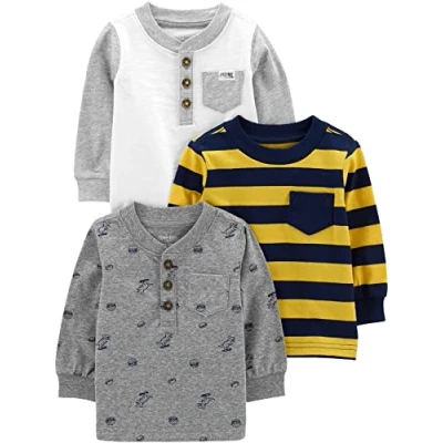 Abbildung von Simple Joys by Carter&#039;s Baby Jungen Long Sleeve, Pack of 3 T Shirt, Gelb Streifen/Grau Dinosaurier/Weiß, 5 Jahre (3er Pack)