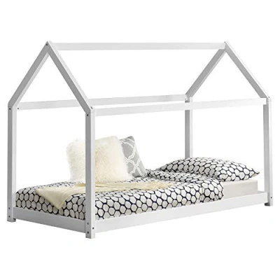 Abbildung von [en.casa] Kinderbett Netstal Hausbett Bodenbett aus Kiefernholz für Kinderzimmer mit Lattenrost ohne Matratze 90 x 200 cm Weiß