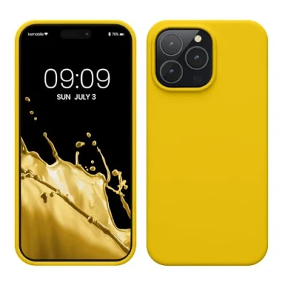 Abbildung von kwmobile Hülle für das iPhone 14 Pro Max dünnes Silikon Handy Case stoßfeste Handyhülle mit weicher Oberfläche unterstützt kabelloses Laden Strahlend Gelb