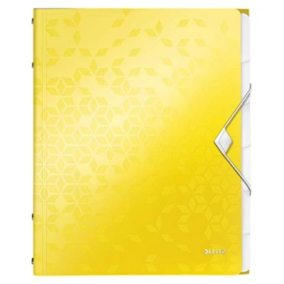 Abbildung von Leitz A4 Ordnungsmappe für bis zu 200 Blatt, 6 Fächer mit Taben zur Ordnung des Inhalts, Gummibandverschluss, Gelb, WOW, 46330016