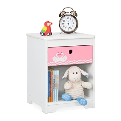 Abbildung von Relaxdays Nachttisch Kinder, Schwan Design, Schublade &amp; Staufach, Nachtschrank Kinderzimmer, HBT: 41x32x31cm, weiß/rosa