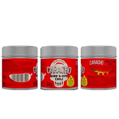 Abbildung von CARACHO 3er Pack x 50g Bird Eye Chiliflocken 100% Extrem Scharf Chillipulver in Metal Gewürz Dose/Scoville: 100.000 200.000