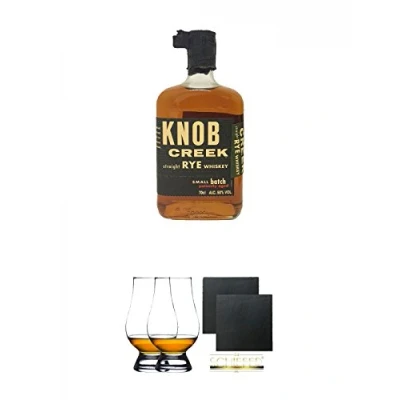 Abbildung von Knob Creek RYE Kentucky Straight Bourbon 0,7 Liter + The Glencairn Glass Whisky Glas Stölzle 2 Stück Schiefer Glasuntersetzer eckig ca. 9,5 cm Ø