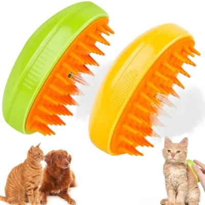 Abbildung von Haustier Katzenbürste Hundebürste, 2 Stücke 3 in 1 Steamy Cat Brush Selbstreinigende Zupfbürste Entfernt lose Unterwolle, Für Katzen Hunde Massage Selbstreinigung (Gelb+Grün)
