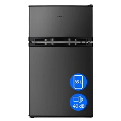 Abbildung von MEDION Mini Kühl Gefrierkombination (85 Liter, 61L Kühlteil, 24L Gefrierteil, freistehend, 40 dB, transparente Gemüseschublade, Türanschlag wechselbar, MD 37689) grau
