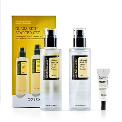 Abbildung von COSRX Glass Skin Starter Set, Amazon Exclusive, Advanced Snail 96% Mucin Power Essence &amp; Retinol 0.1% Cream Mini Probe, Daily Hydrating Firming Korean Care Kit, Gift Set