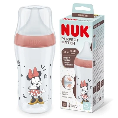 Abbildung von NUK Perfect Match Babyflasche Ab 3 Monate Passt sich dem Baby an Temperature Control Anti Colic 260 ml BPA frei Silikontrinksauger, Medium Disneys Micky Maus [rot]