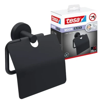 Abbildung von tesa Toilettenpapierhalter 1 x MOON BLACK WC Papierrollenhalter mit Deckel (Komplett Set, 2 St., inkl. Klebelösung), schwarz matt 5,3 cm : 14 12,8