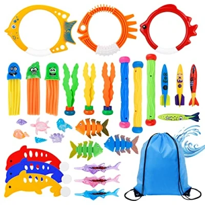 Abbildung von DICLLY Premium Tauchspielzeug Set,38 teiliges Pool Spielzeug für Kinder 5 12 Jahre,Unterwasser Tauchringe,Torpedos,Edelsteine,Haie,Algen,Fischgräten,Fisch Spielzeuge,Quallen und Aufbewahrungstasche