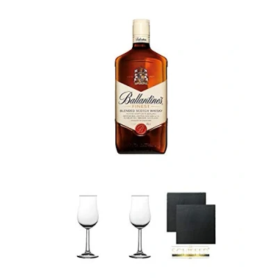 Abbildung von Ballantines Deluxe blended Scotch Whisky 1,0 Liter + 2 Bugatti Nosing Gläser mit Eichstrich 2cl und 4cl Schiefer Glasuntersetzer eckig ca. 9,5 cm Ø