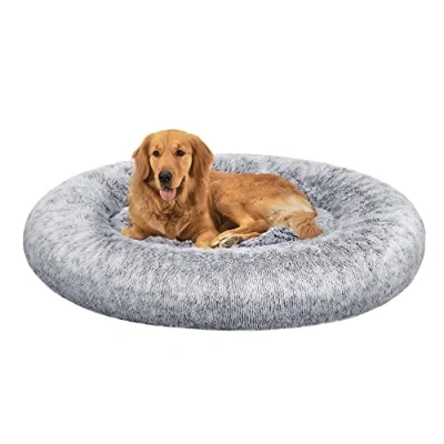 Abbildung von Feandrea Hundebett flauschig, Katzenbett, Donut Kissen, waschbar, Polsterung in der Mitte herausnehmbar, Langer Plüsch, 120 cm Durchmesser, Ombré Grau PGW043G01