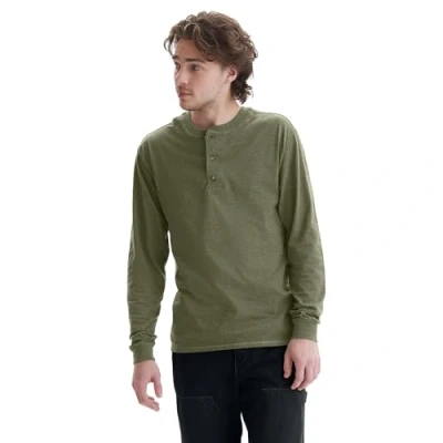 Abbildung von Hanes Herren T Shirts, Beefyt Baumwolle Langarmhemden Henley Hemd, Camouflage Green Htr, Klein
