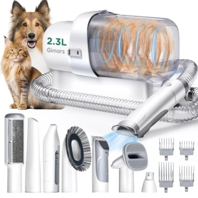 Abbildung von Gimars Hundeschermaschine mit Staubsauger, 2,3L Hundestaubsauger 12000 Pa Saugkraft, leises Schermaschine Katze Hund haarschneidemaschine 7 Pflegewerkzeugen, Tierhaarentferner hundebürste