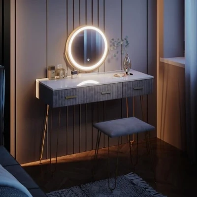 Abbildung von Vicco Schminktisch Layla, Weiß/Grau, 100 cm mit LED Beleuchtung und Hocker