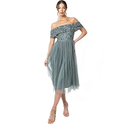 Abbildung von Maya Deluxe Damen Women&#039;s Bardot Dresses for Women Midi High Empire Waist Sequins Embellished Formal Eveni Bridesmaid Dress, Misty Green, 32 EU