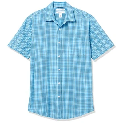 Abbildung von Amazon Essentials Herren Kurzärmeliges Hemd aus Popeline, Normale Passform, Blau Weiß Karomuster, XL